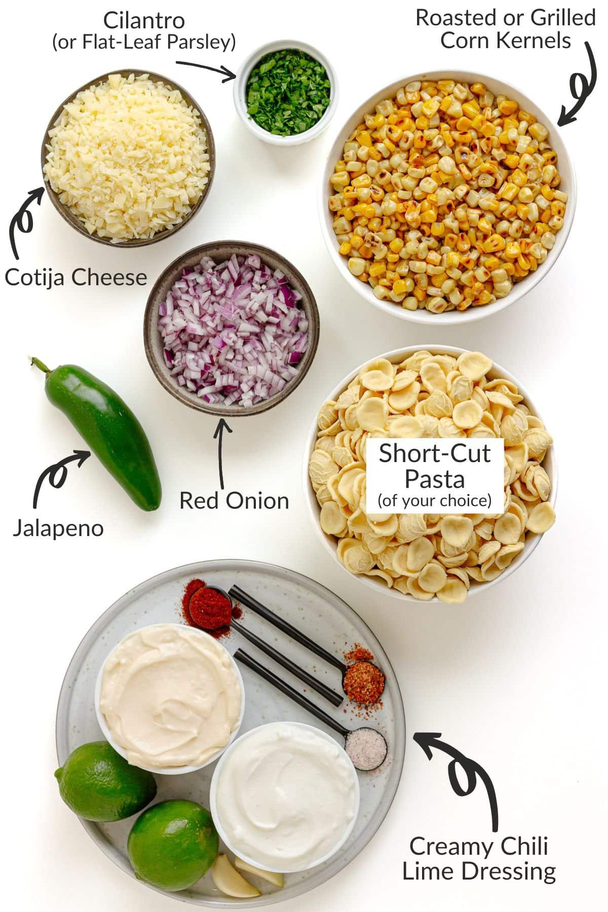 Labelled photo of ingredients needed to make elote pasta salad.