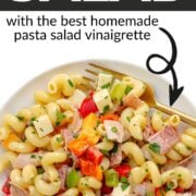Pinterest graphic for my go-to summer pasta salad recipe.