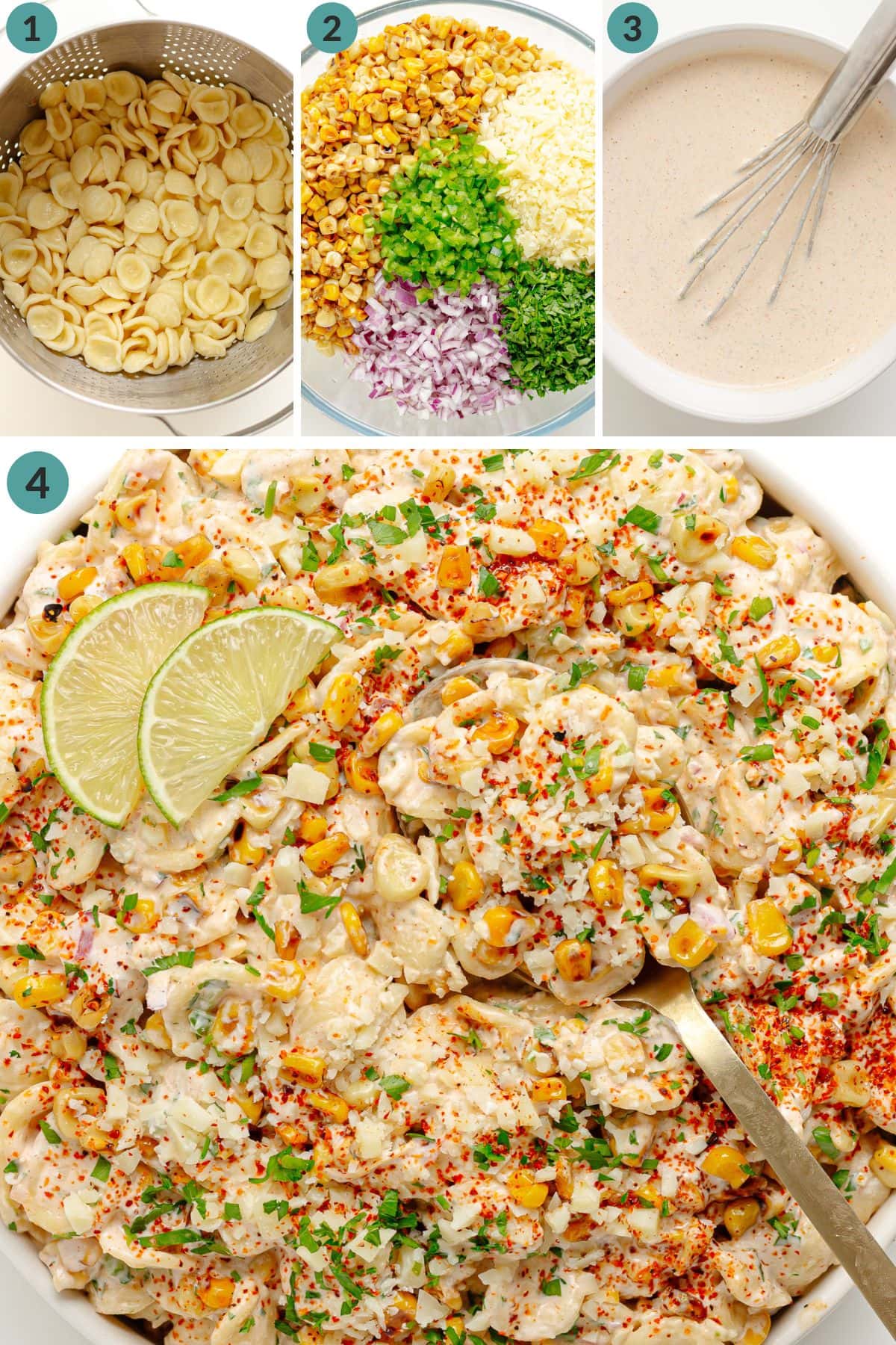 Numbered photo collage showing how to make Mexican street corn pasta salad.