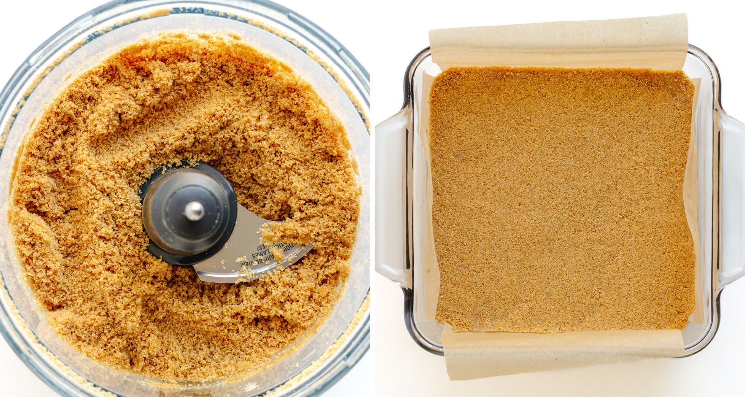 Photo collage showing crust being made for cheesecake bars.