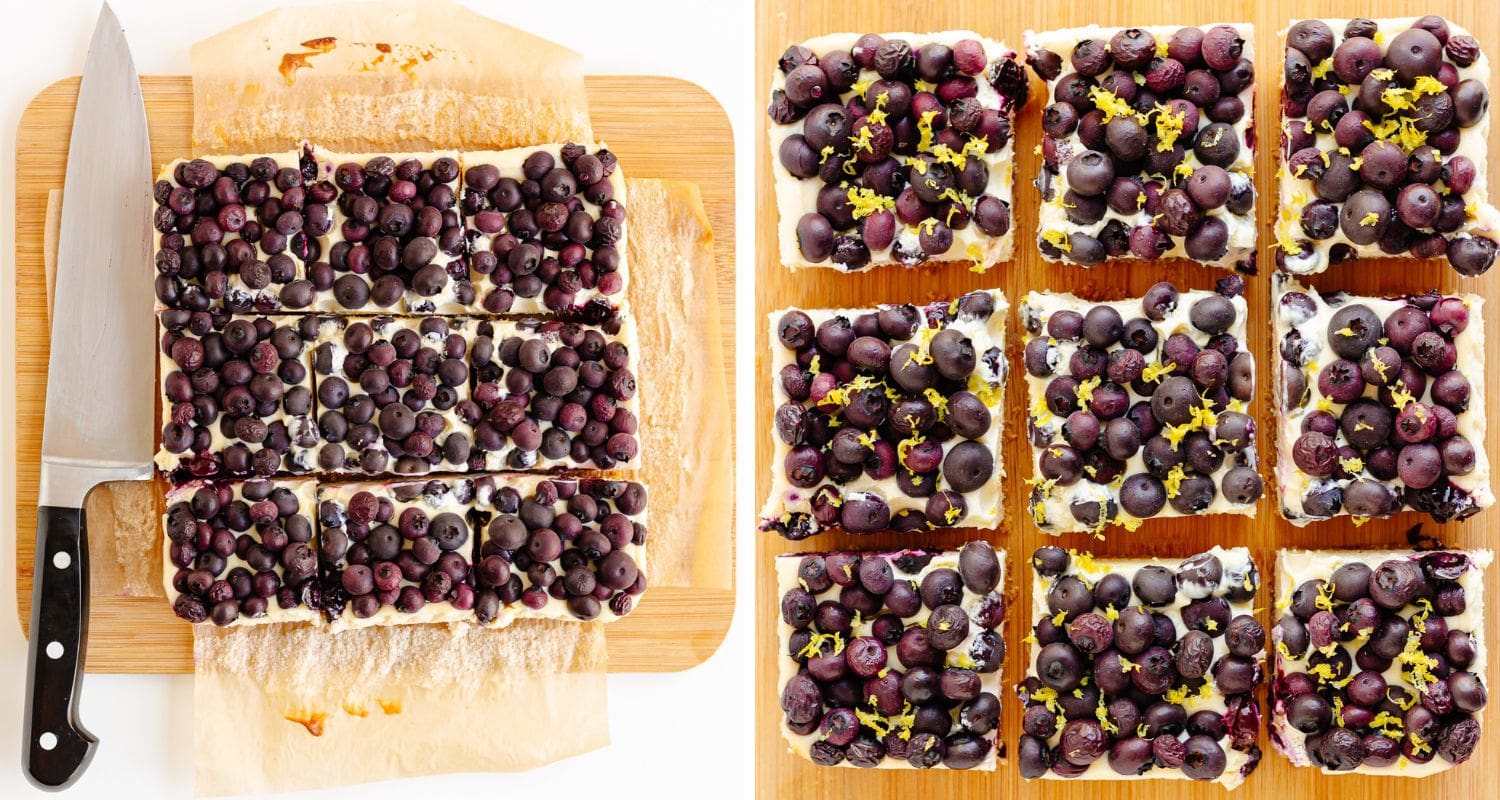 Photo collage showing blueberry cheesecake bars being sliced and then garnished with lemon zest.