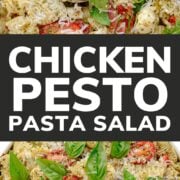 Pinterest collage graphic for chicken pesto pasta salad.