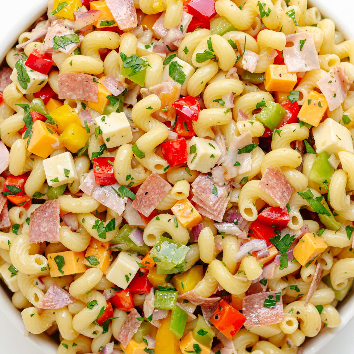 Closeup of my go to pasta salad.