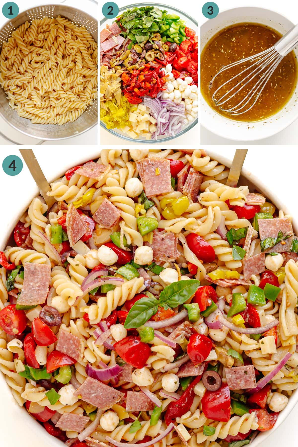 Numbered photo collage graphic showing how to make Italian Antipasto Pasta Salad.