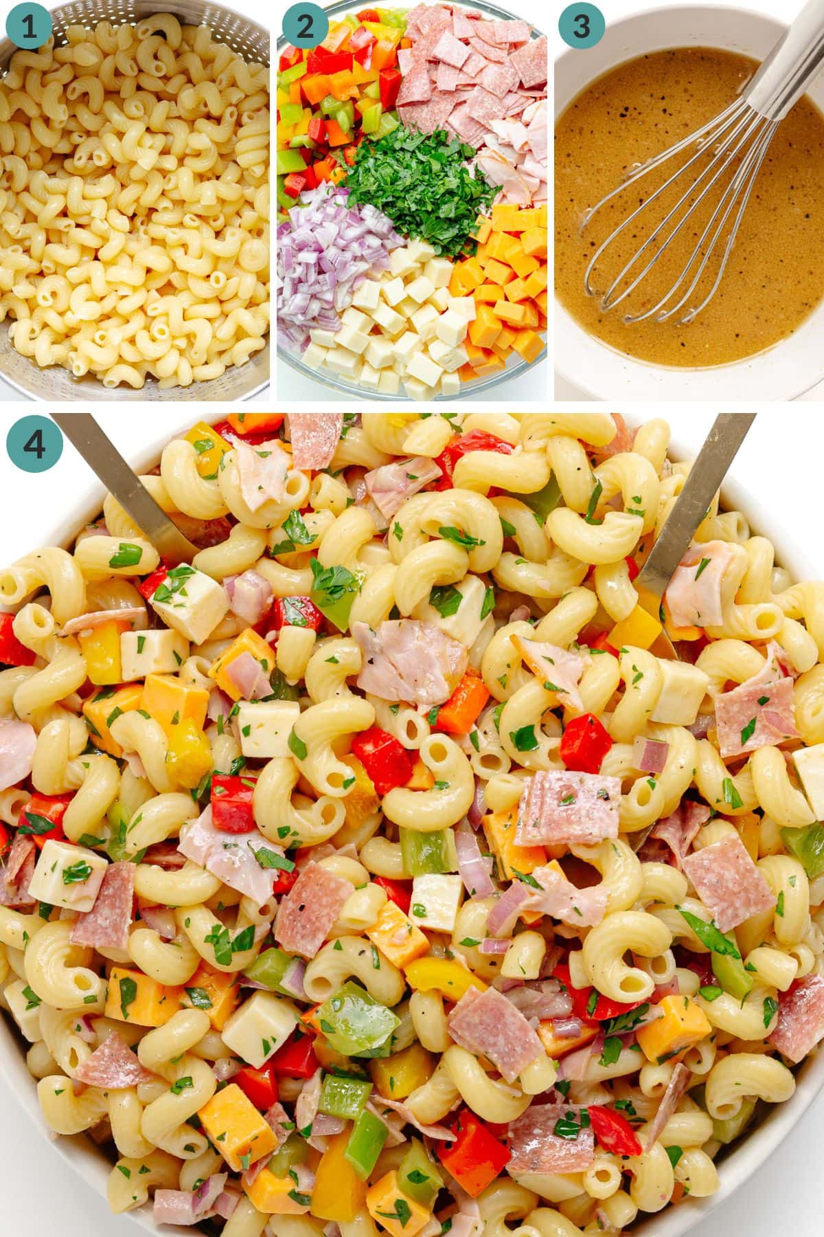 Numbered photo collage showing how to make my go to pasta salad.