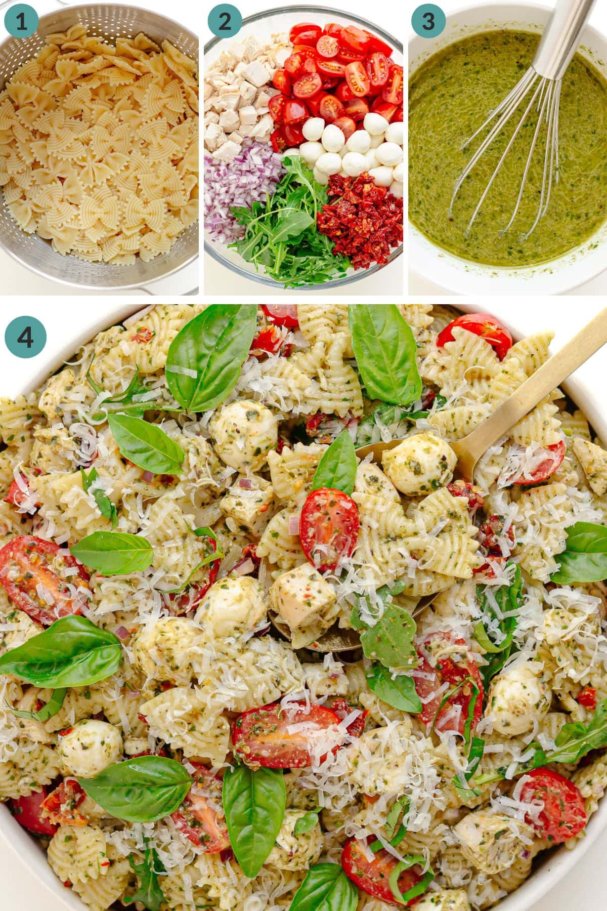 Numbered photo collage showing how to make pesto chicken pasta salad.