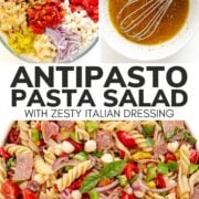 Pinterest collage graphic for Antipasto Pasta Salad with Zesty Italian Dressing.