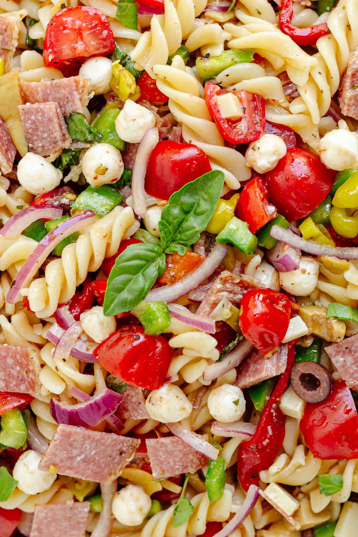 Closeup of Italian antipasto pasta salad.