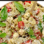 Pinterest graphic for pesto chicken pasta salad recipe.