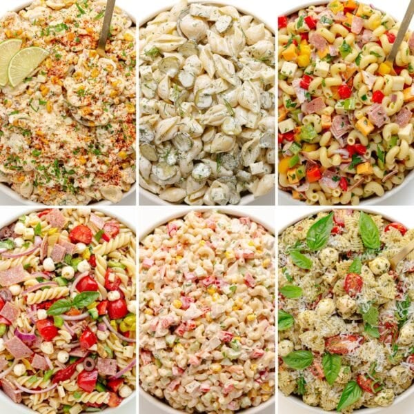 Photo collage of pasta salads.