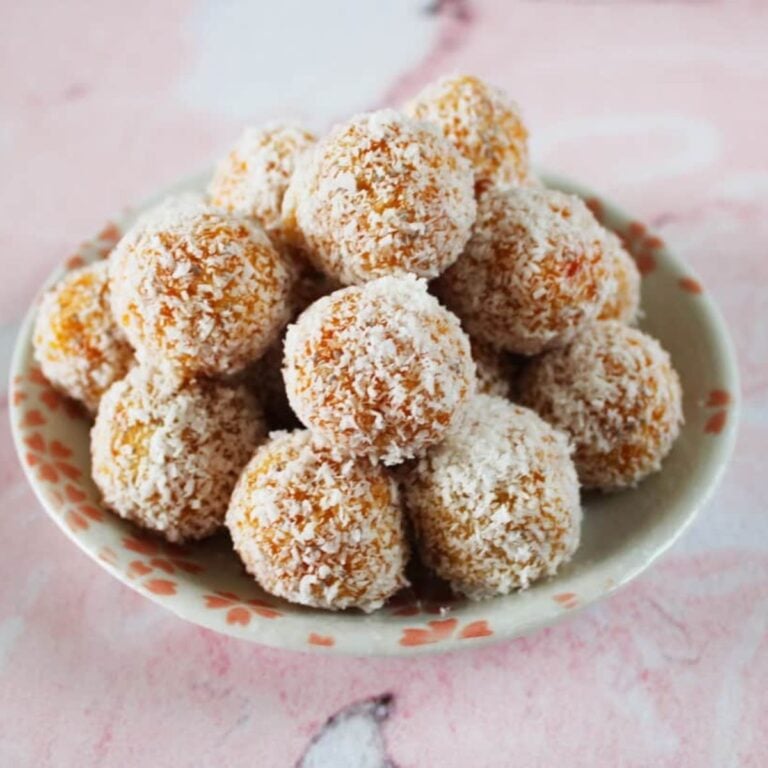 Bowl of apricot coconut bliss balls.