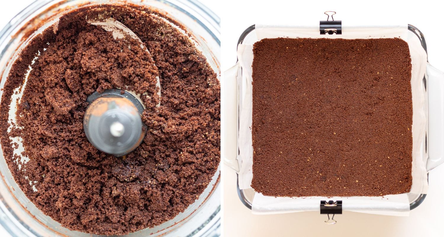 Photo collage showing chocolate graham cracker crust being made in food processor and pressed into bottom of baking dish.
