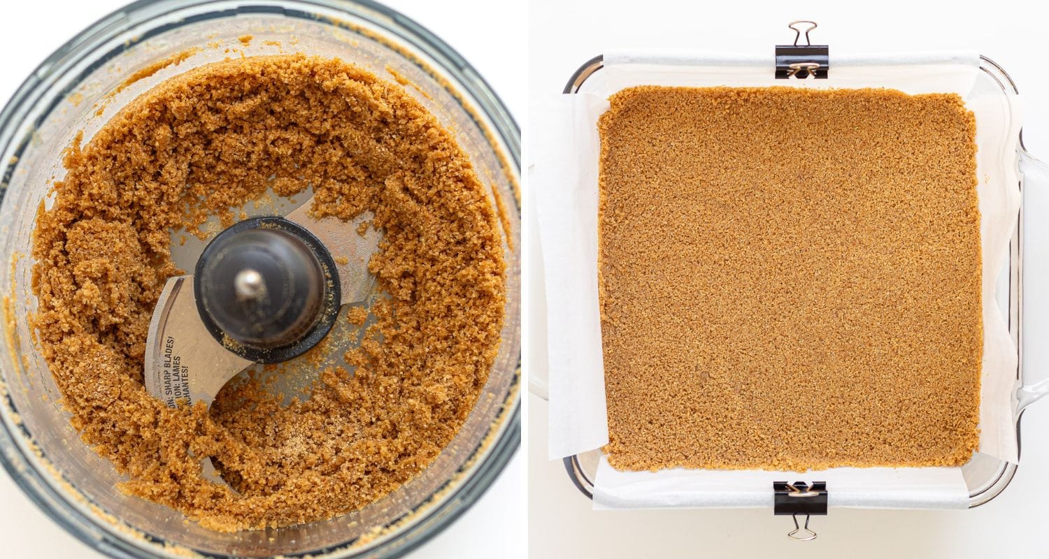 Photo collage showing graham cracker crust being made for cheesecake bars.