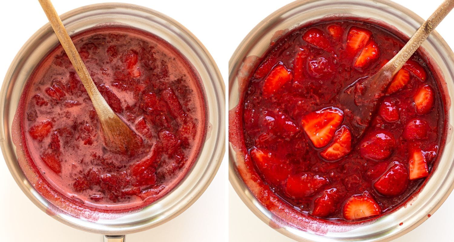 Photo collage showing strawberry topping being made for cheesecake bars.