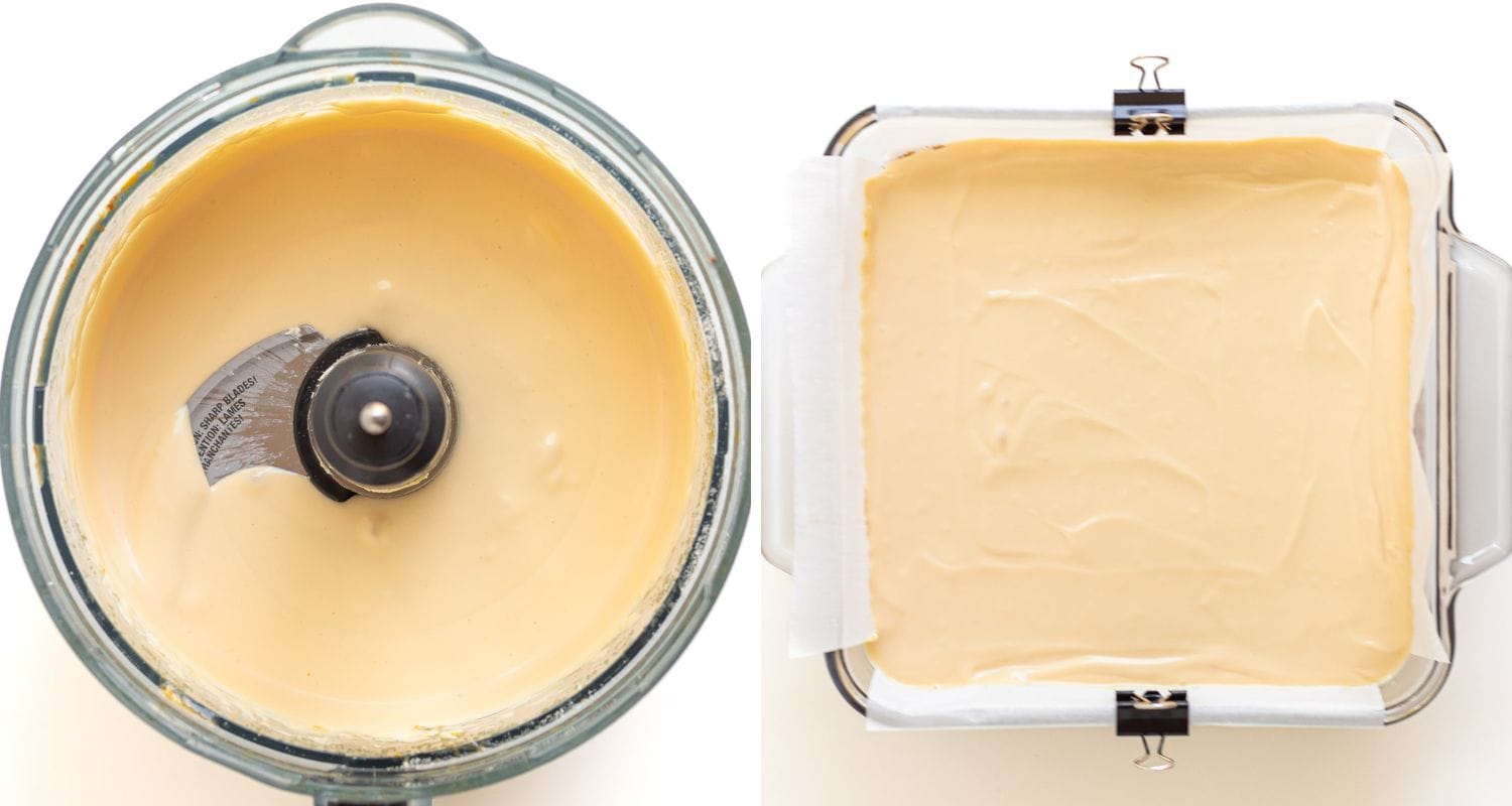 Photo collage showing vanilla cheesecake filling being made for strawberry cheesecake bars.