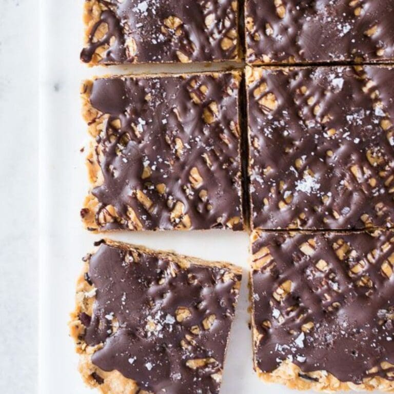 Closeup of sliced no-bake peanut butter oatmeal bars.