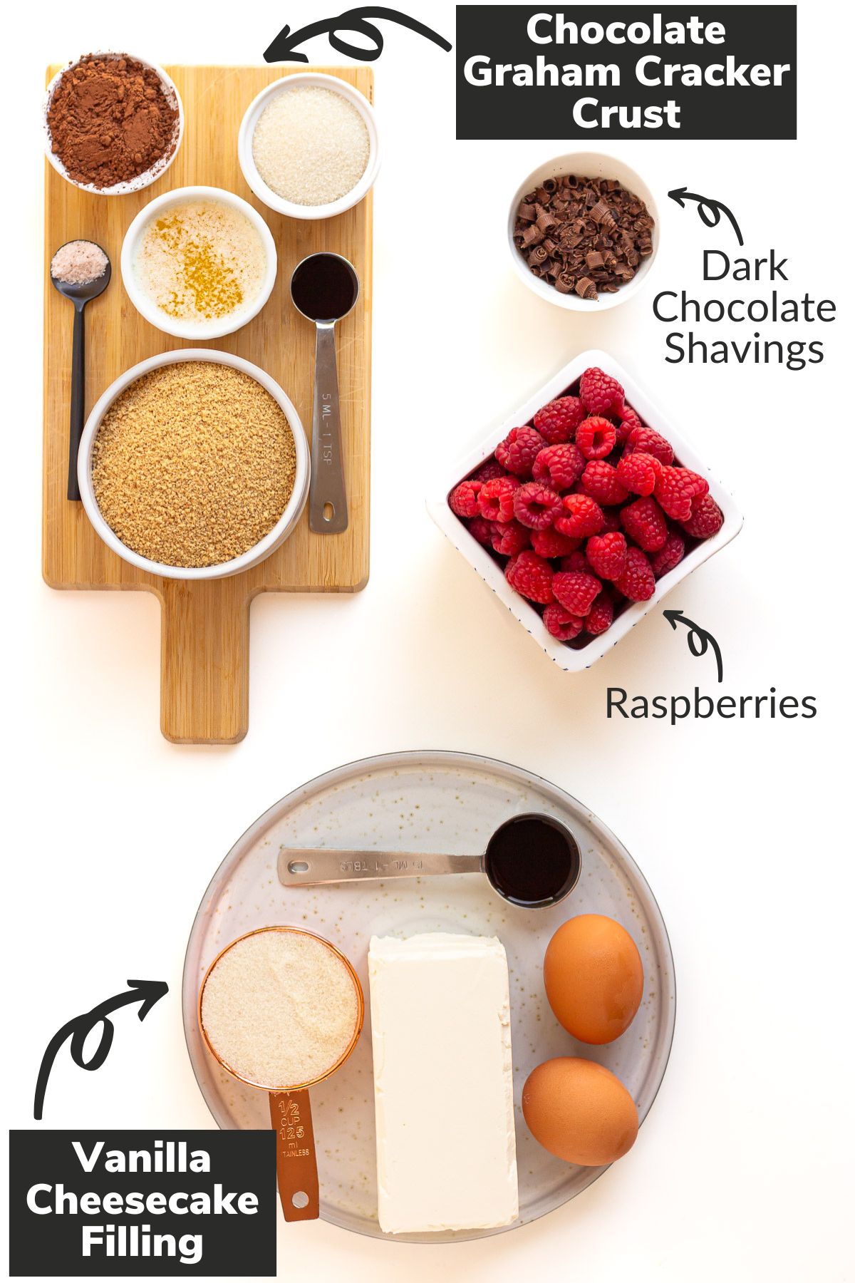 Labelled photo of ingredients needed to make raspberry cheesecake bars with chocolate graham cracker crust.