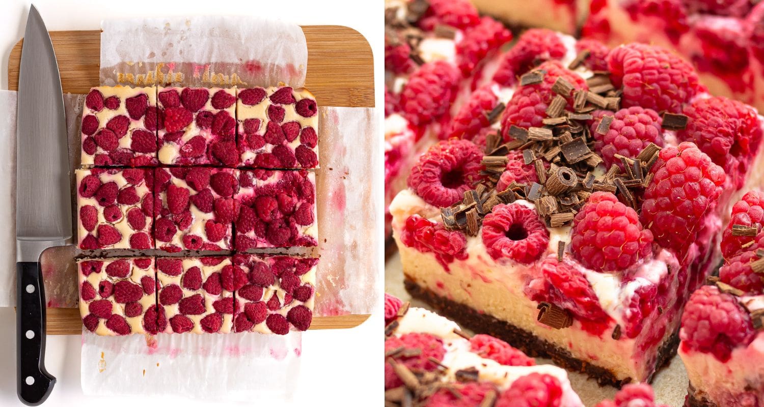 Photo collage of raspberry cheesecake bars sliced into squares.