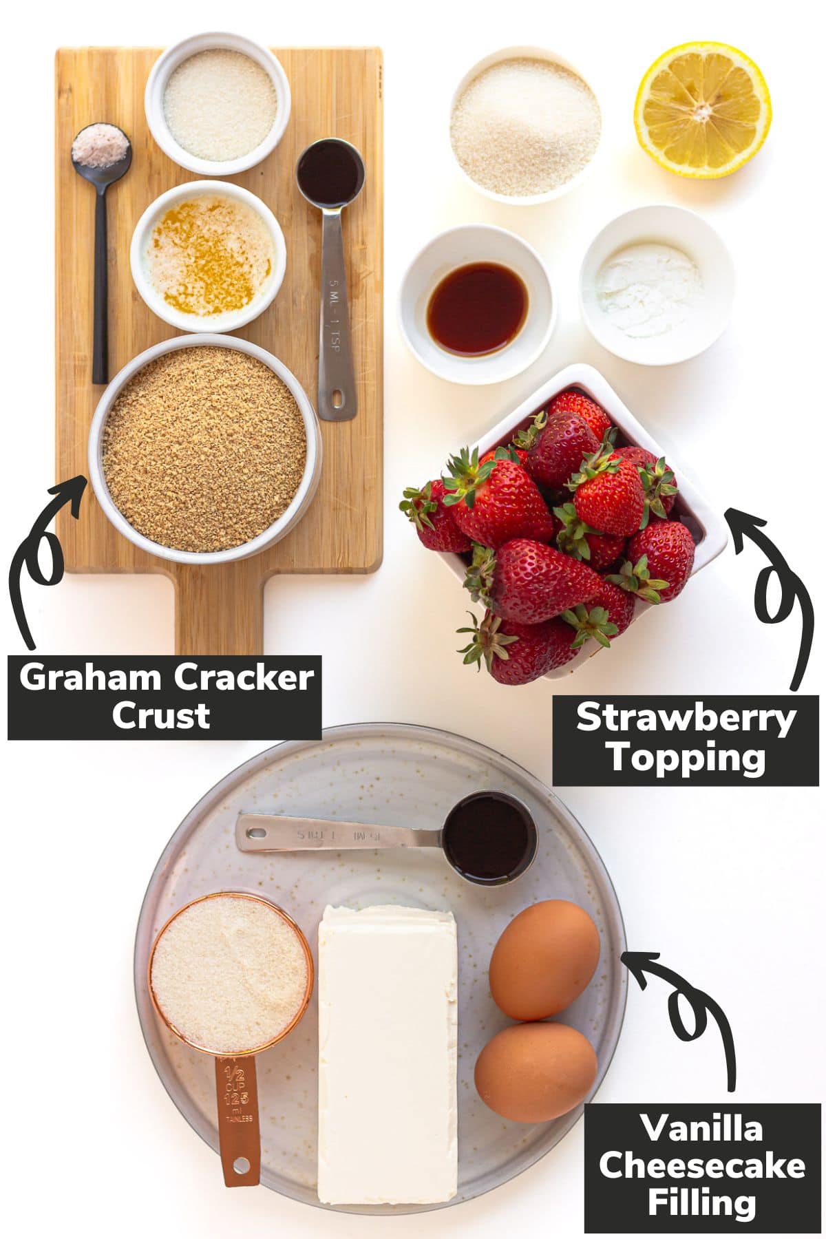 Labelled photo of ingredients for strawberry cheesecake bars.