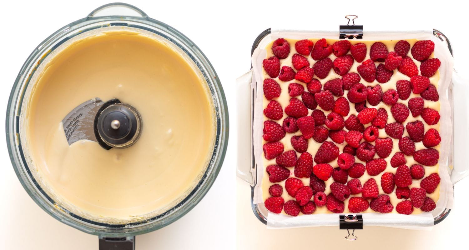 Photo collage showing vanilla cheesecake filling being made in food processor and assembled raspberry cheesecake squares before baking.