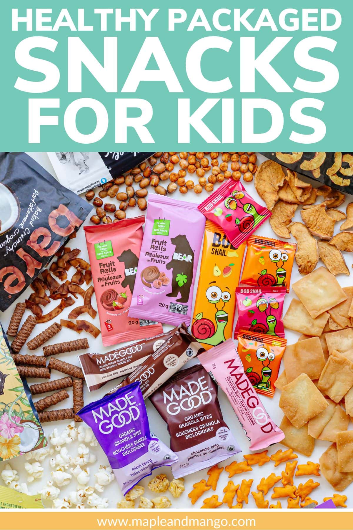 Pinterest graphic for healthy packaged snacks for kids.