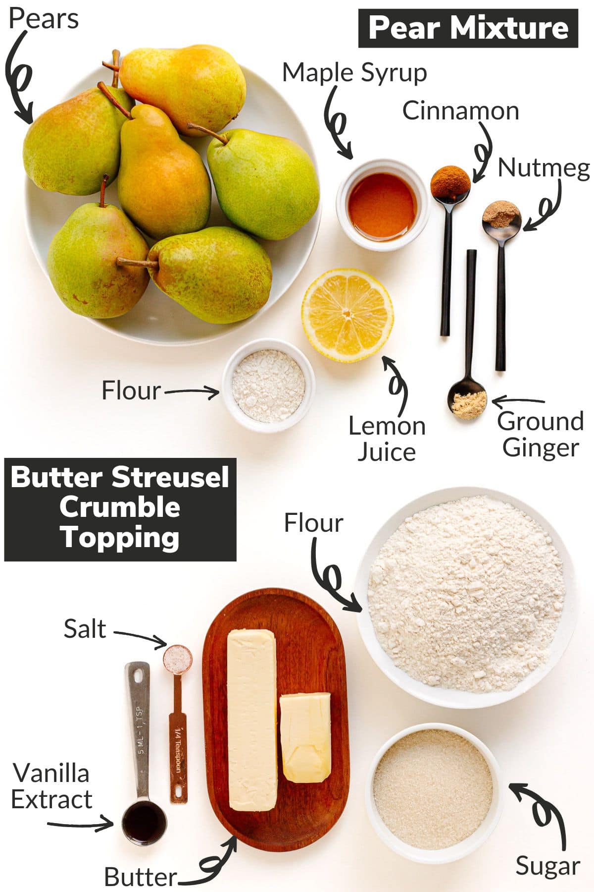 Labelled photo of ingredients for pear crumble with butter streusel crumble topping.