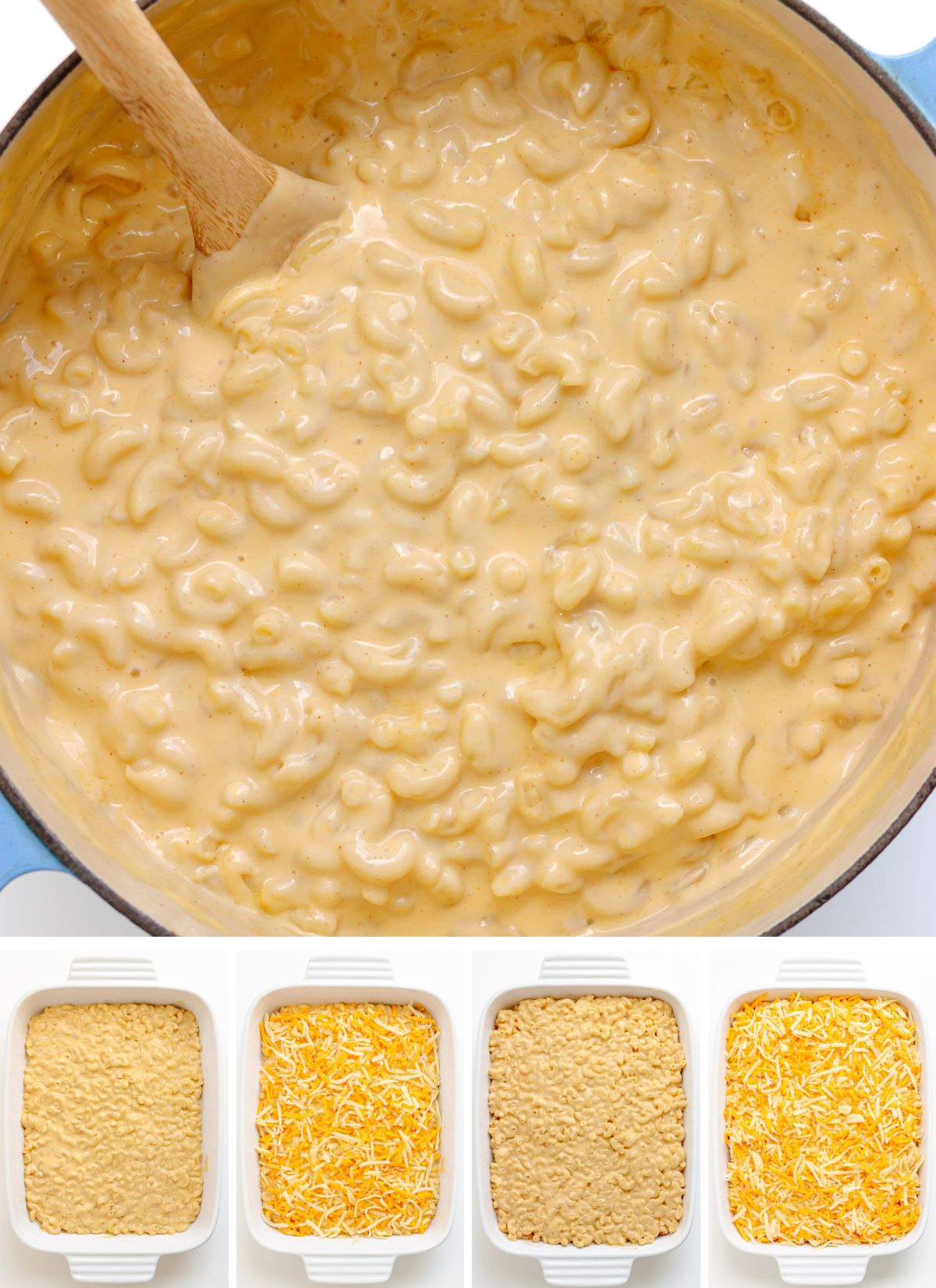 Photo collage of baked three cheese macaroni and cheese being assembled.