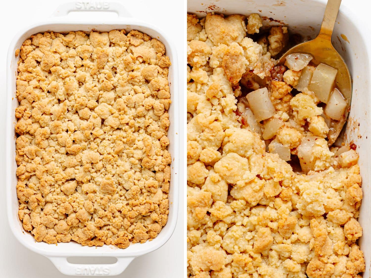 Photo collage of baked pear crumble in a white baking dish.