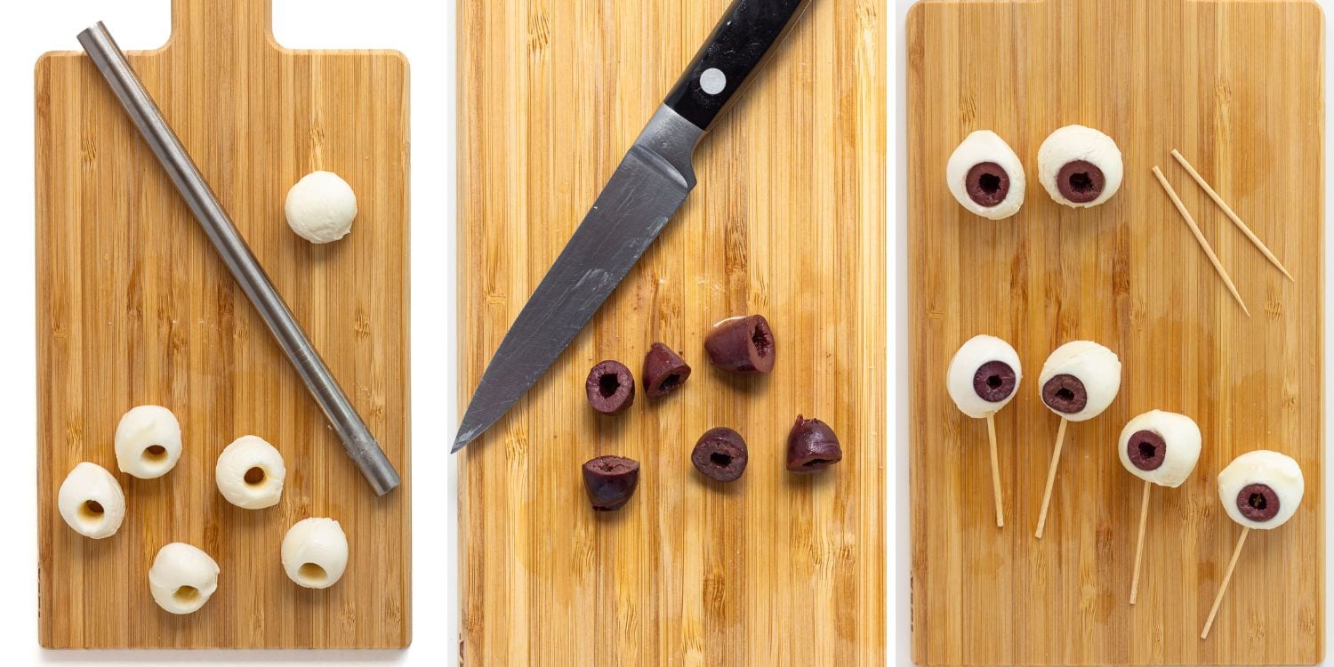 Photo collage showing how to make eyeballs for Halloween sandwiches out of bocconcini and olives.
