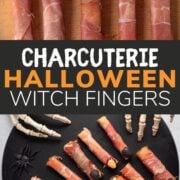 Pinterest collage graphic for charcuterie Halloween witch fingers.