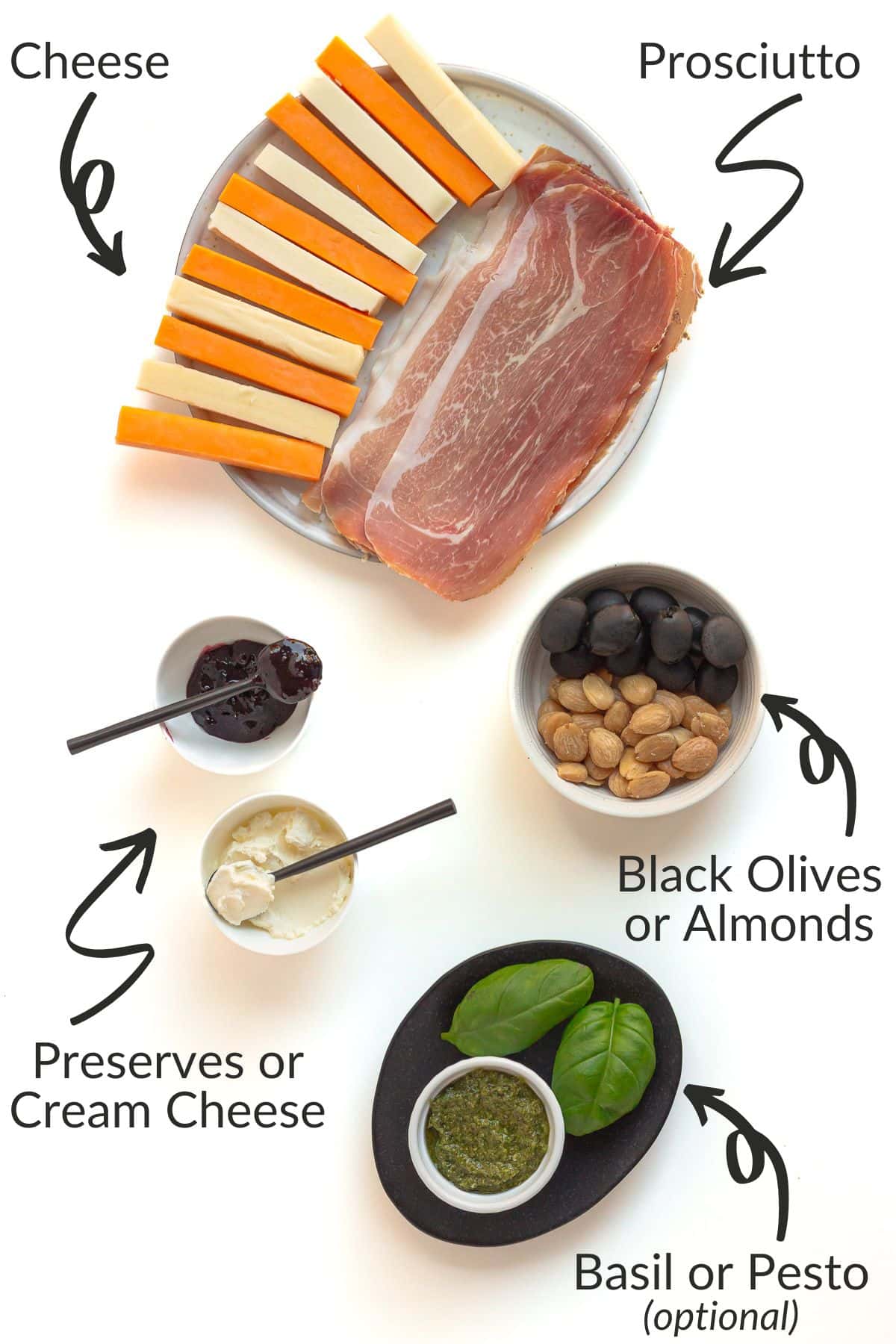 Labelled photo of ingredients for charcuterie witch fingers.