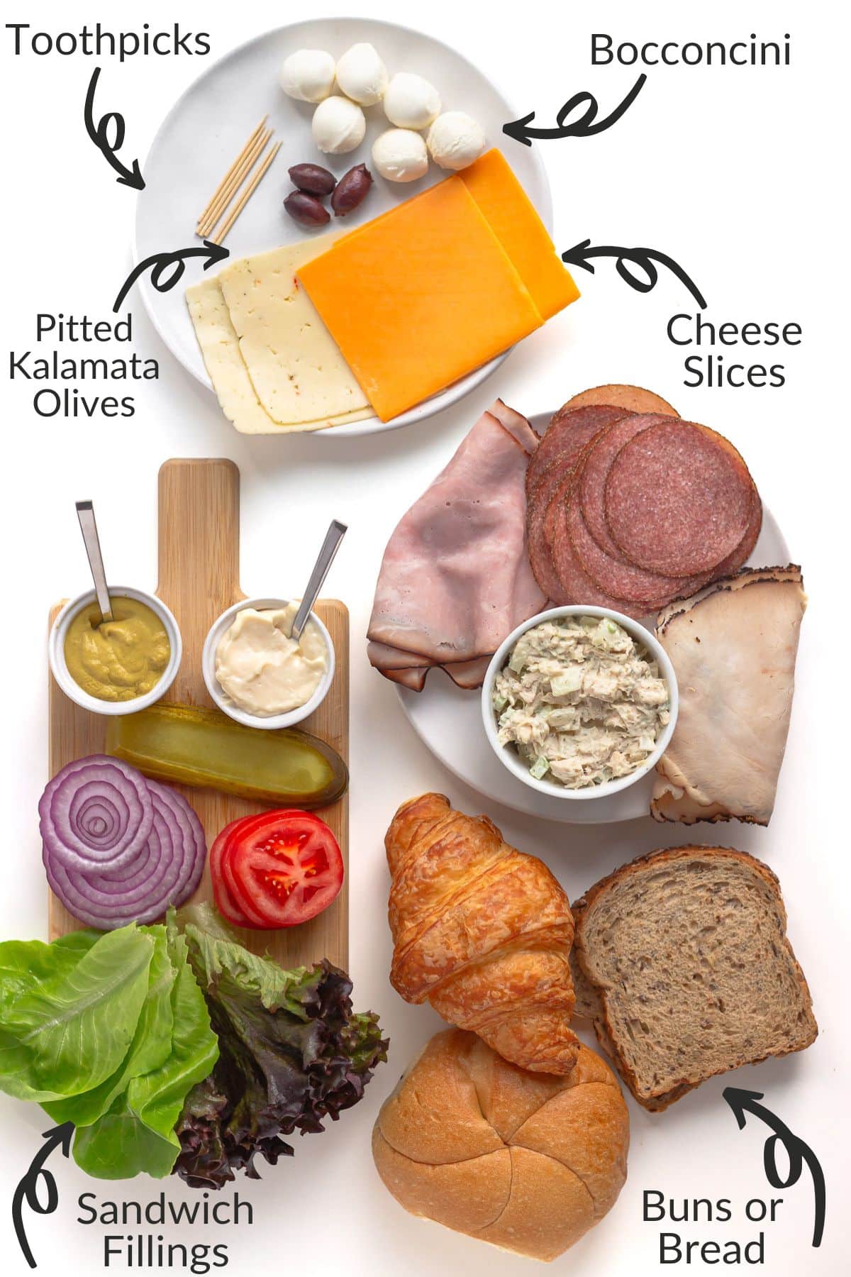 Labelled photo of ingredients to make easy Halloween sandwiches.