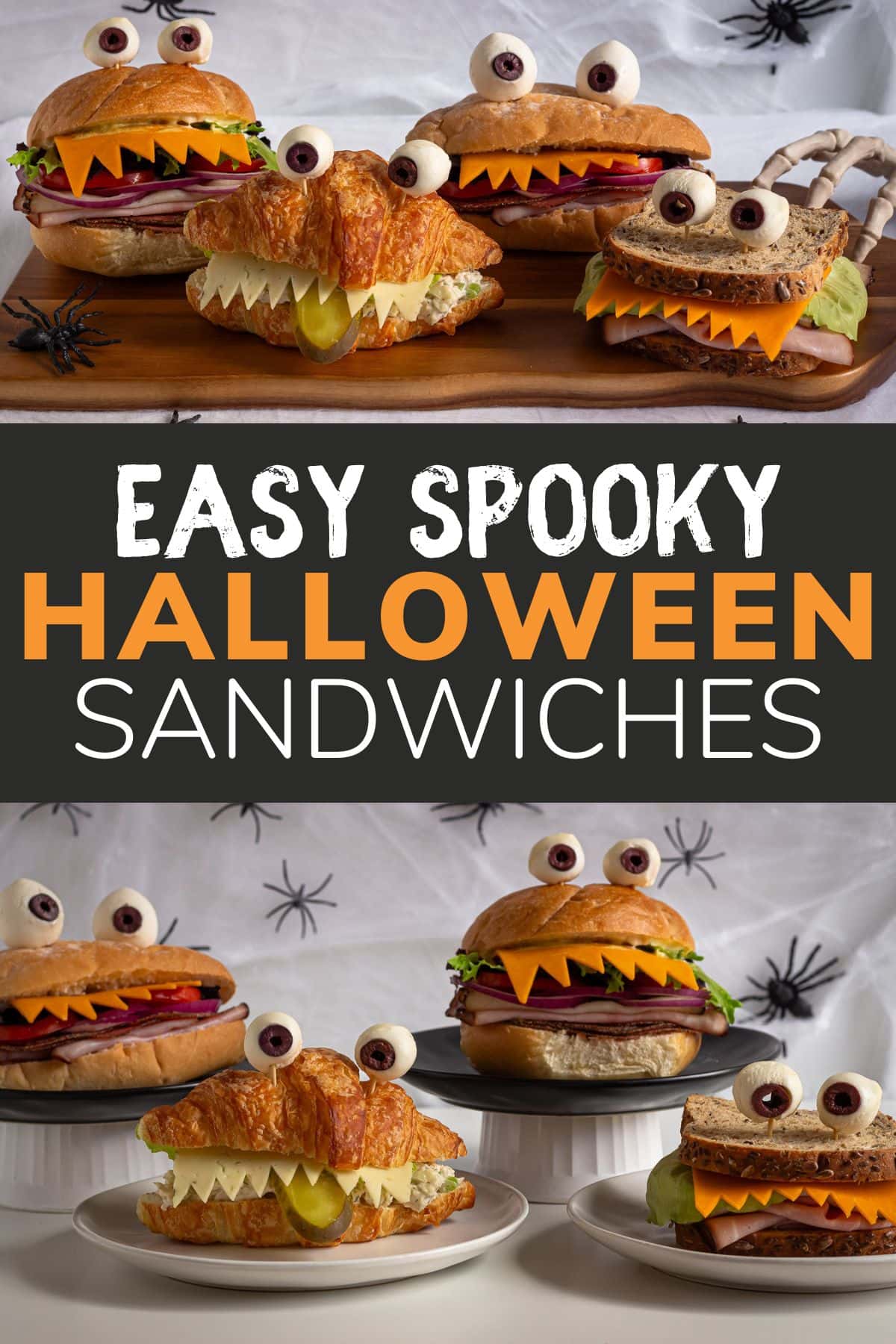 Collage graphic of Halloween sandwich ideas with text overlay that reads "Easy Spooky Halloween Sandwiches".