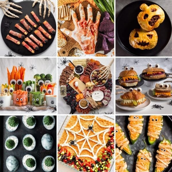 Photo collage of Halloween appetizers.