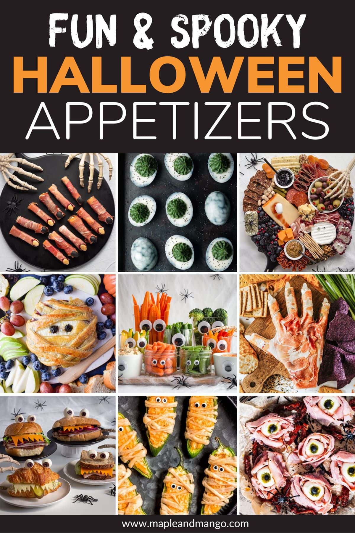 Collage graphic of fun and spooky Halloween appetizers.
