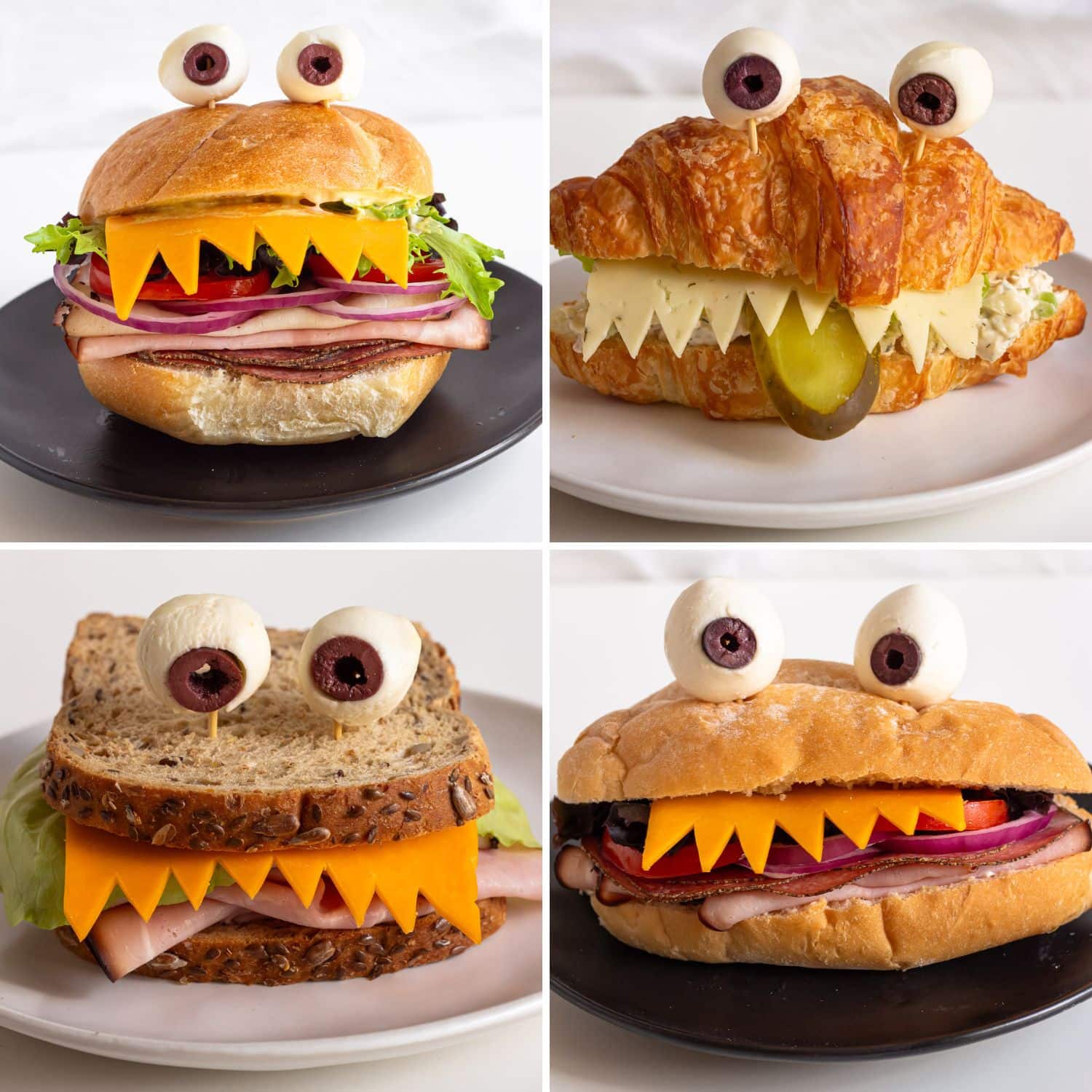 Photo collage of four Halloween monster sandwich ideas.