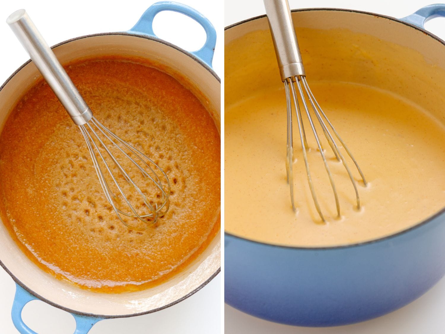 Photo collage of three cheese sauce being made in a blue dutch oven.