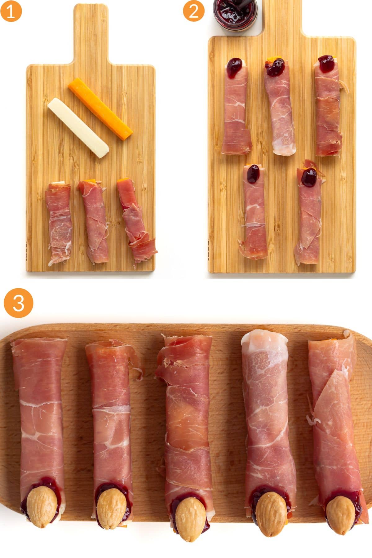 Numbered photo collage showing how to make savory witch fingers with almond fingernails.