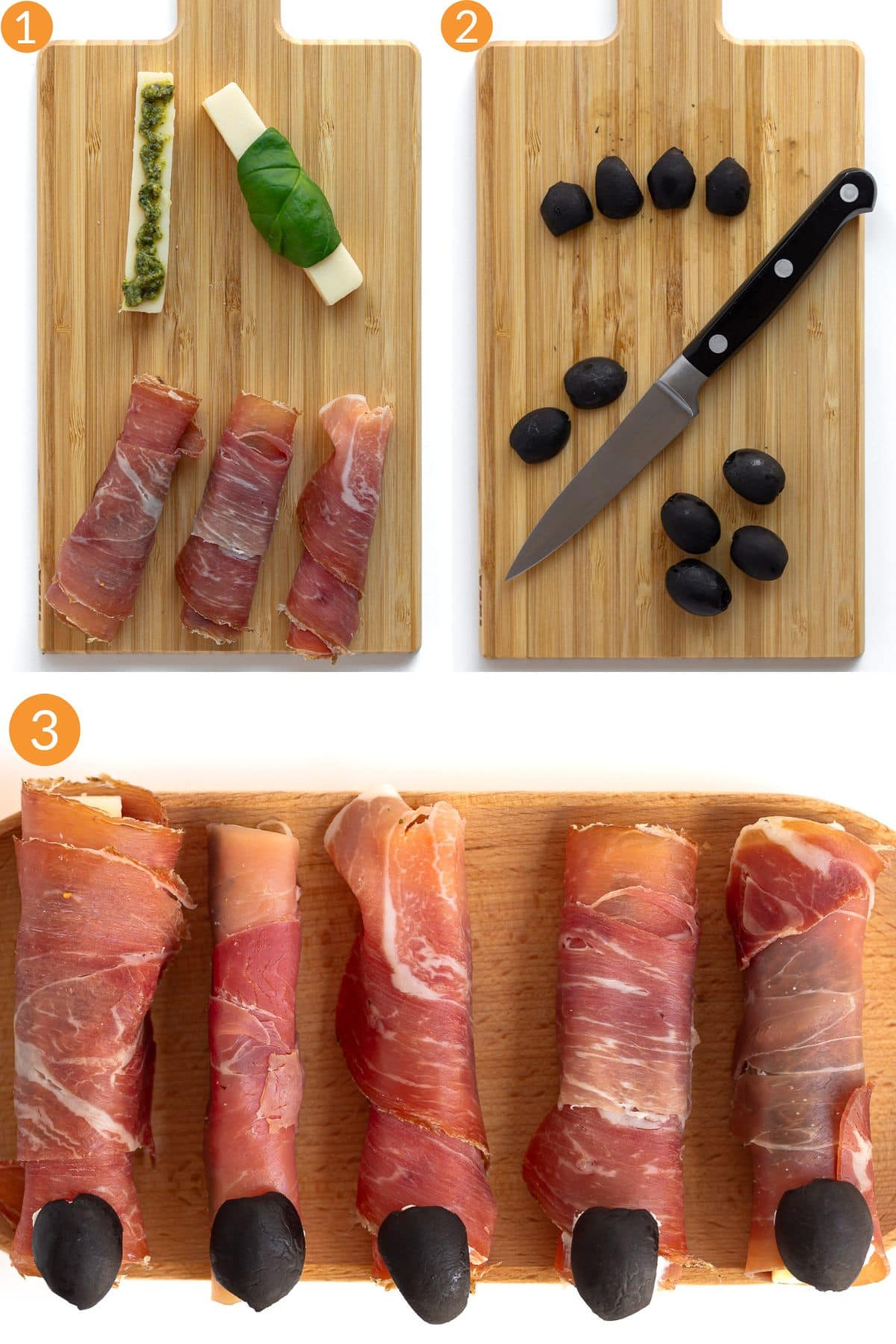 Numbered photo collage showing how to make savory witch fingers with black olive fingernails.