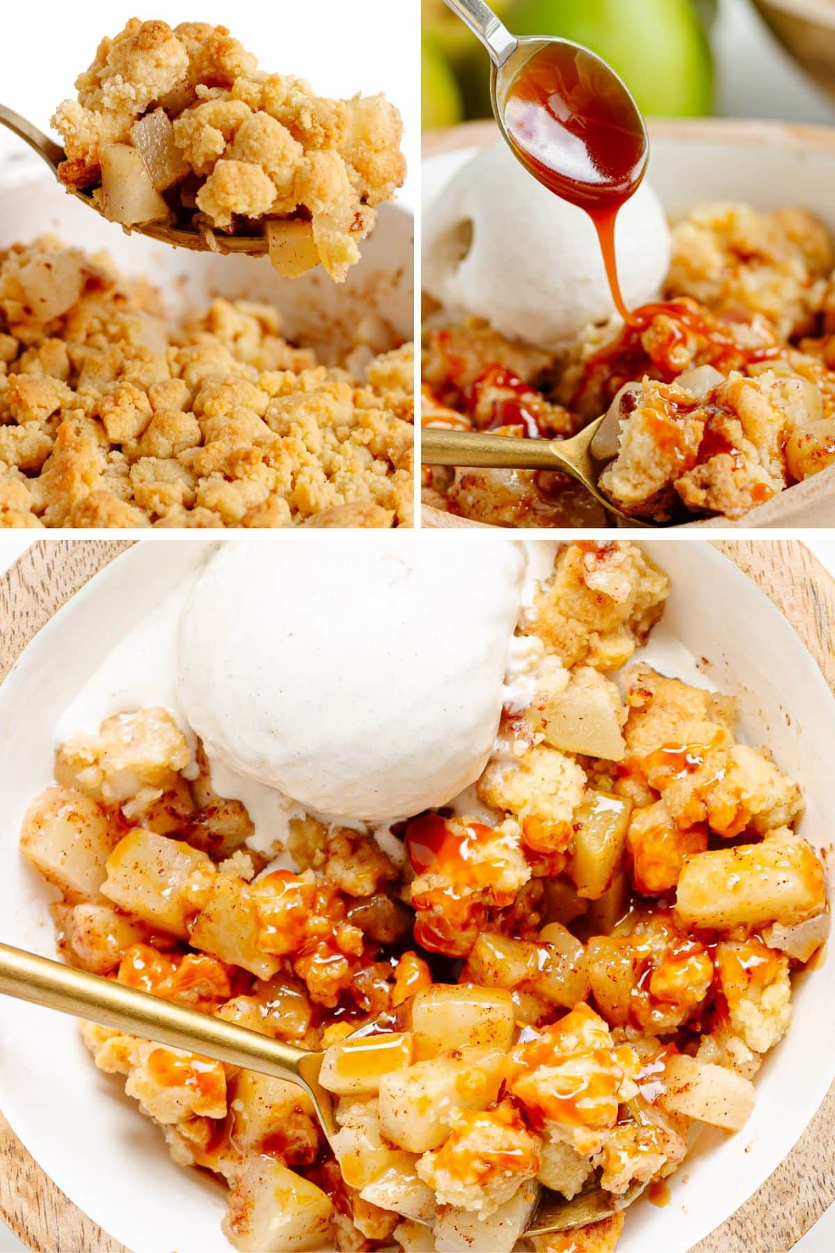 Photo collage of pear crumble being scooped out of baking dish and served with ice cream and caramel sauce.