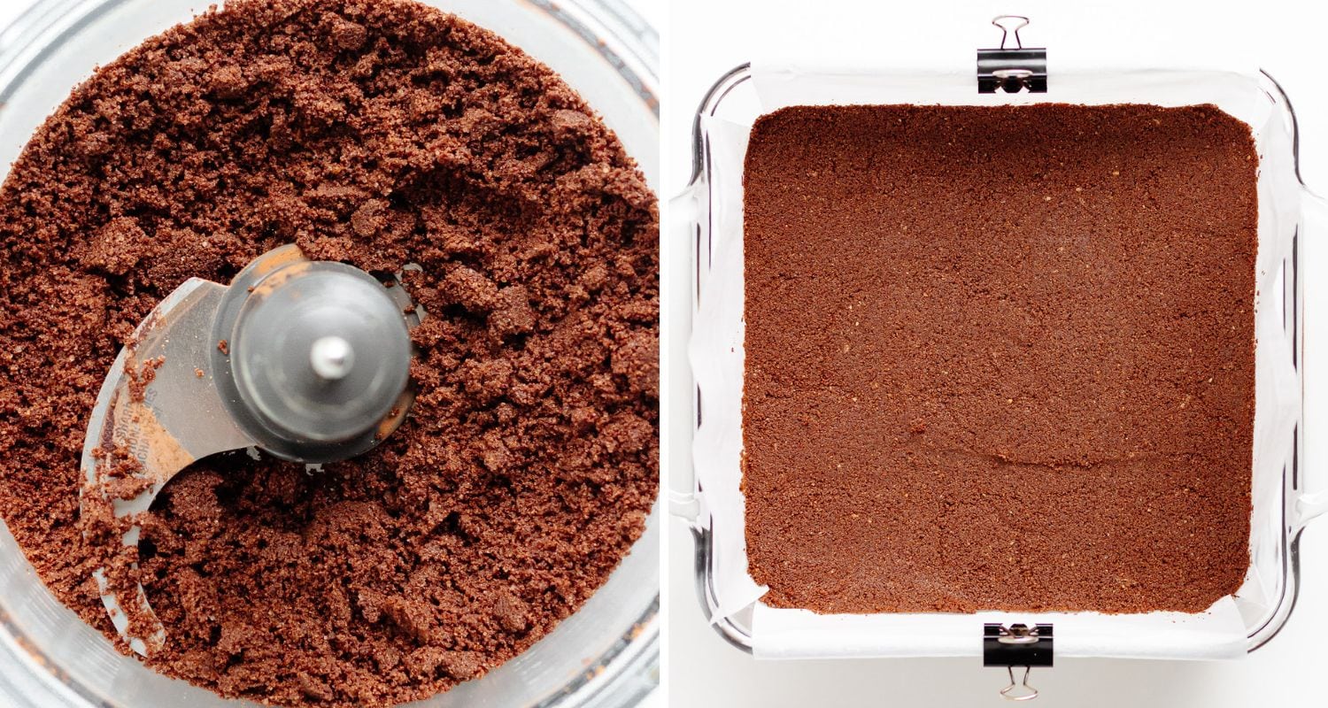 Collage showing chocolate graham cracker crust being prepared for pumpkin cheesecake bars.