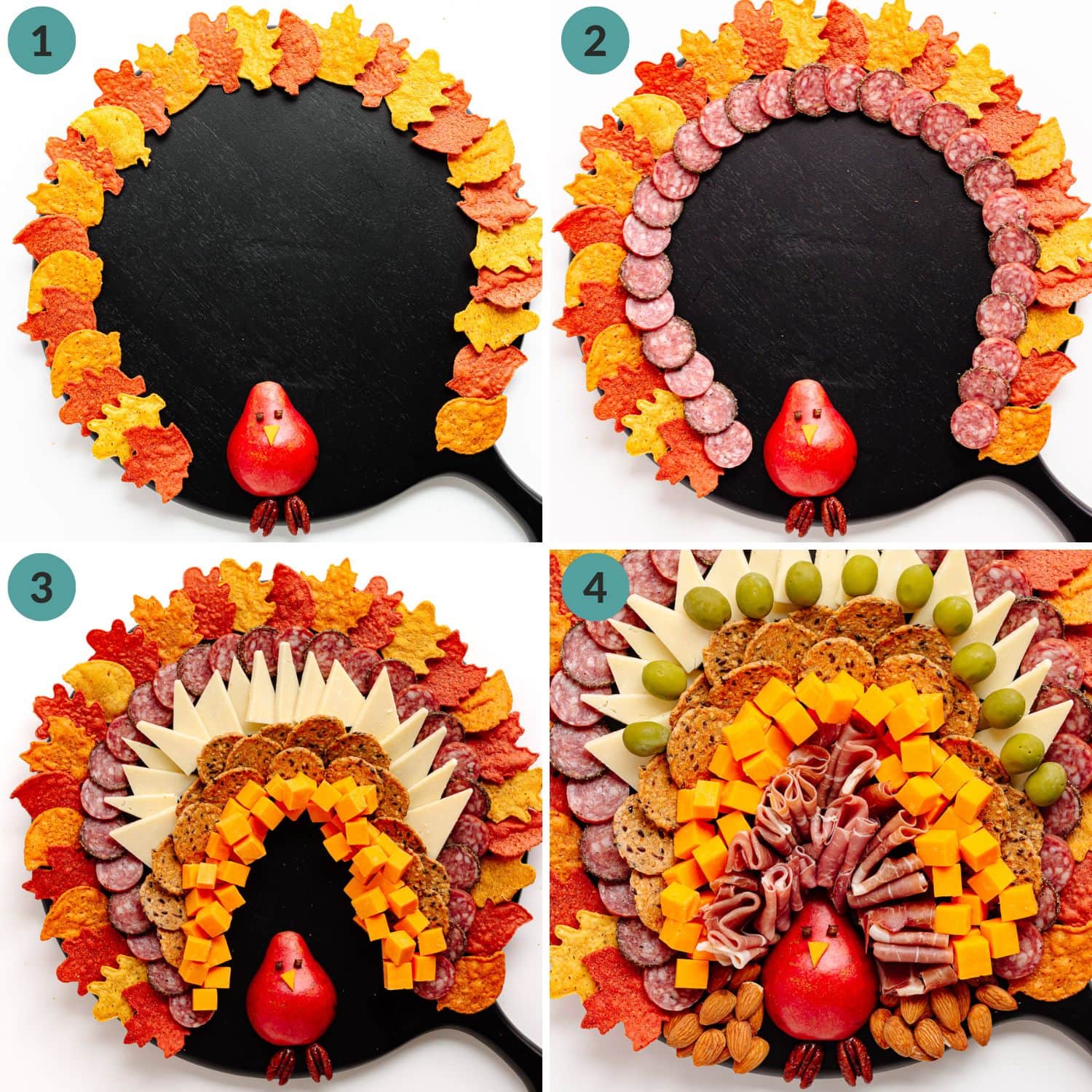 Numbered photo collage showing how to arrange charcuterie board ingredients into tail feathers for a turkey charcuterie board.