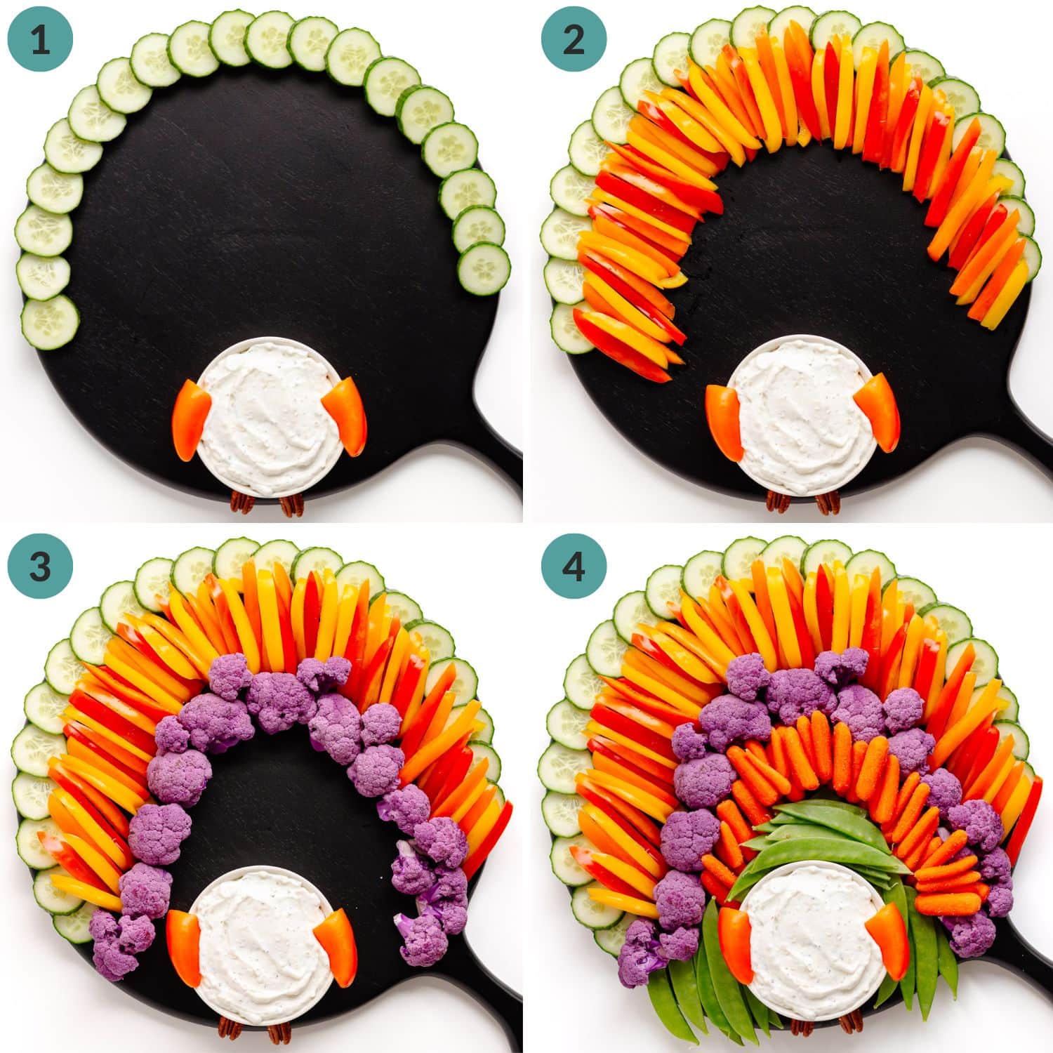 A numbered photo collage showing how to arrange cut veggies into tail feathers for a turkey veggie tray.