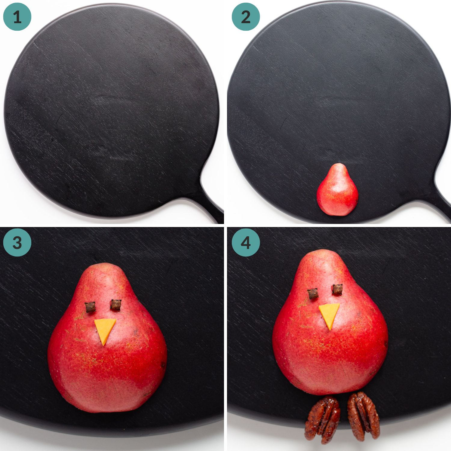 Numbered photo collage showing how to make the turkey body out of a pear for a Thanksgiving charcuterie board.