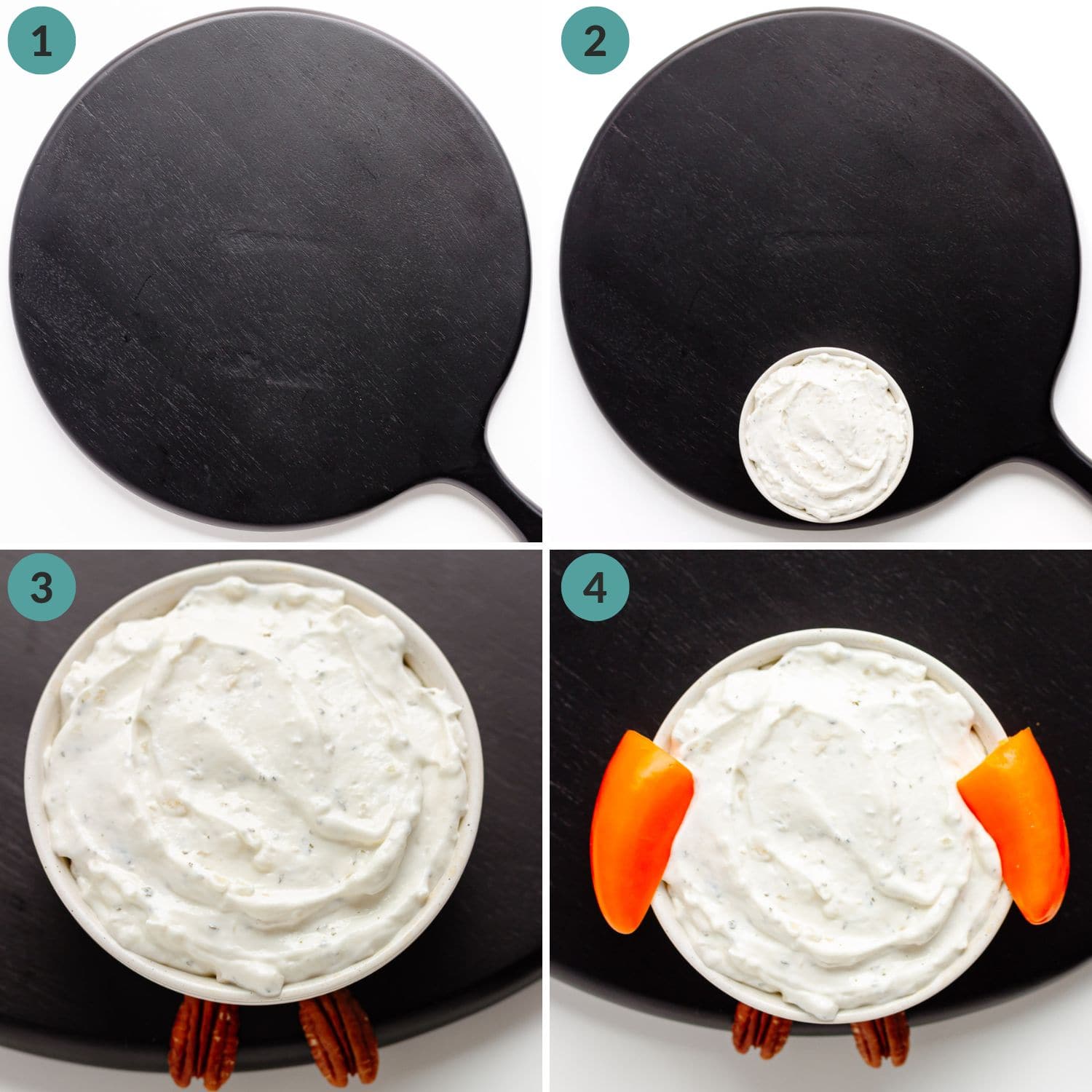 Numbered photo collage showing how to make the turkey body for a turkey shaped veggie tray.