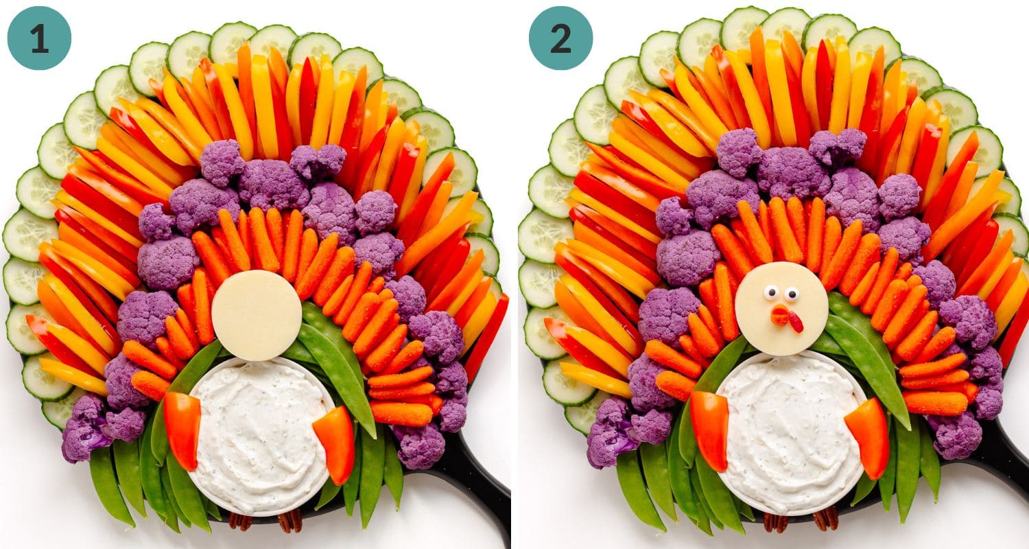 A numbered photo collage showing how to make the turkey's face on a turkey veggie tray.