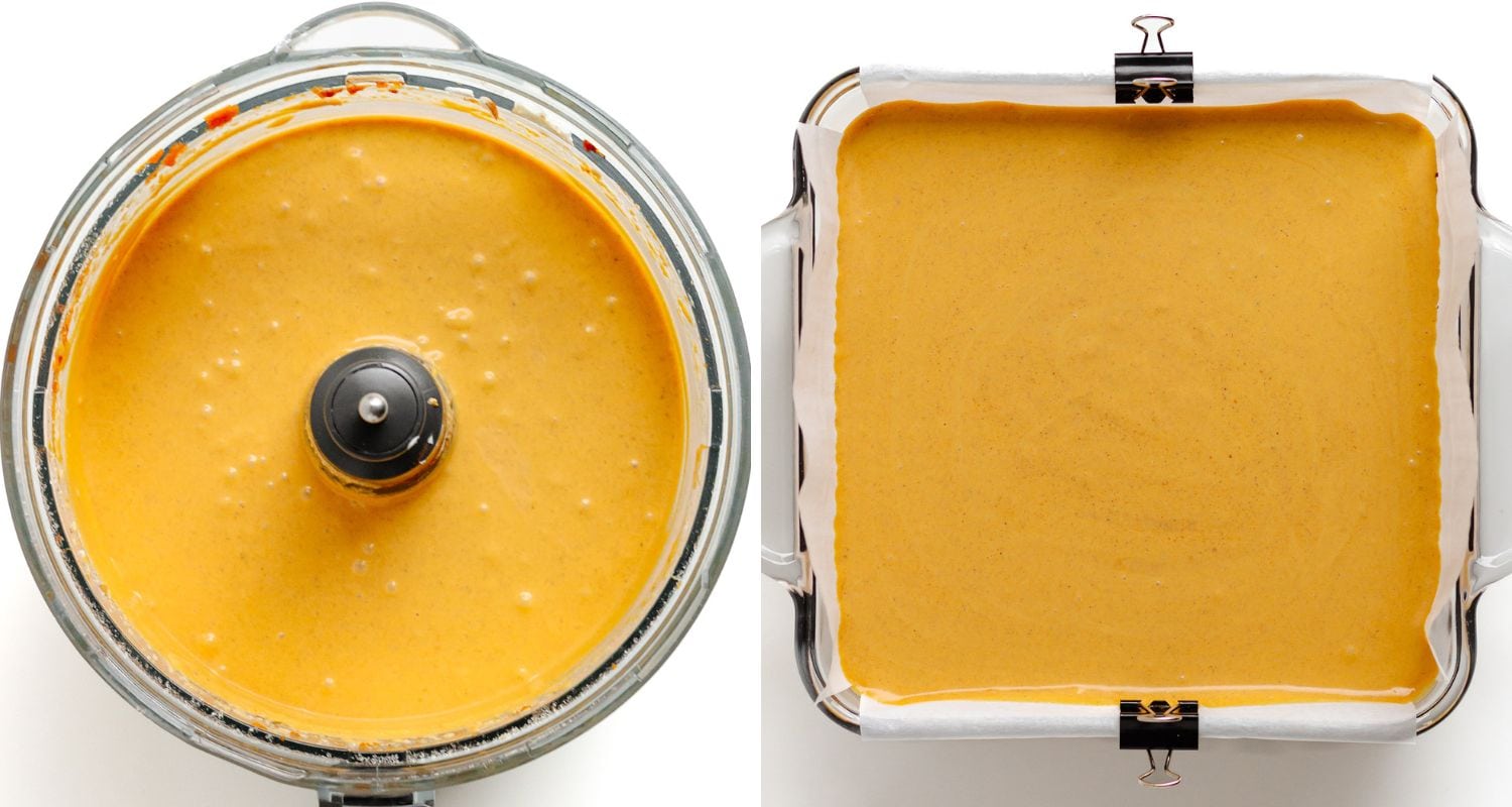 Photo collage showing pumpkin cheesecake filling being prepared.