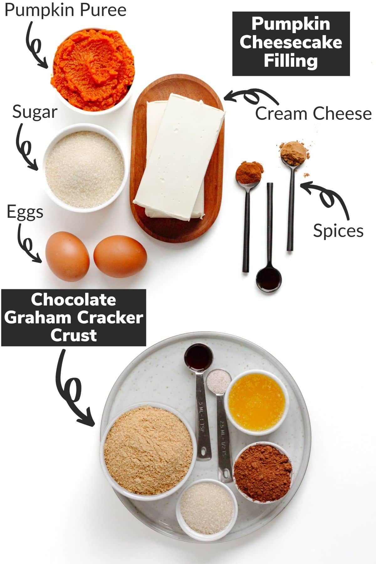 Labelled photo of ingredients needed to make pumpkin cheesecake bars with chocolate graham cracker crust.