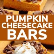 Pinterest collage graphic for pumpkin cheesecake bars recipe.
