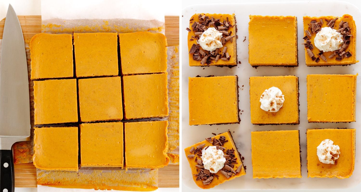 Photo collage showing pumpkin cheesecake bars sliced and garnishes added.